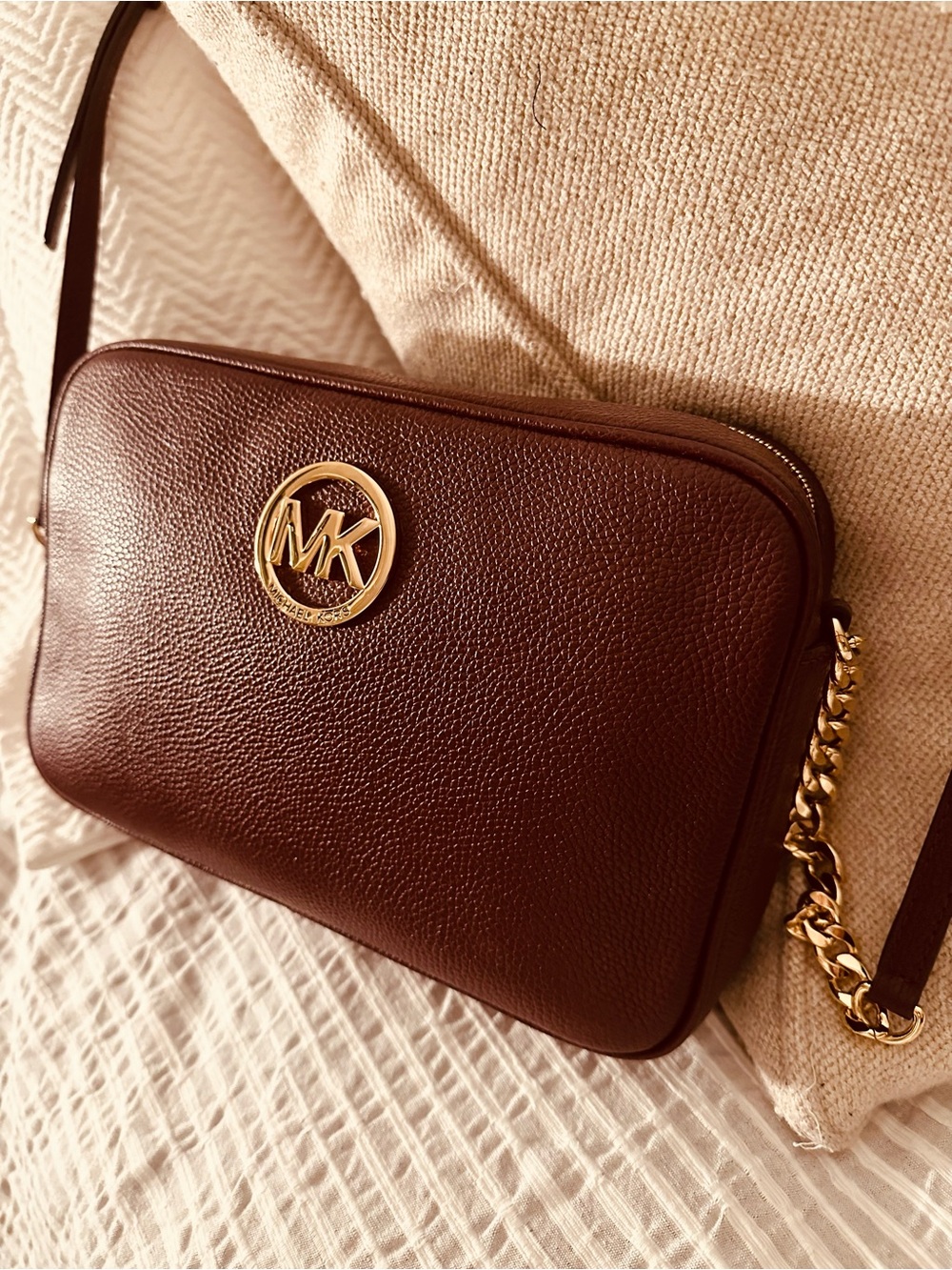 Michael Kors Burgundy Leather Crossbody Bag with Gold Hardware
